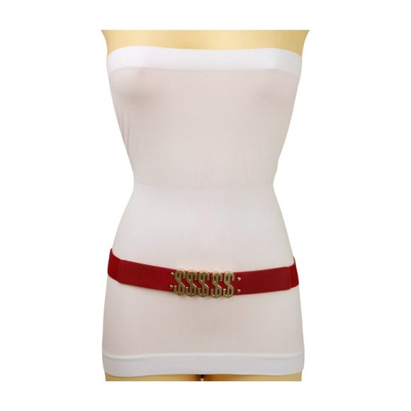 Women Red Color Elastic Waistband Skinny Belt Gold Dollar Sign $$$ Size S M z007 - Picture 15 of 16